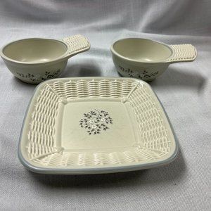 Pfaltzgraff Heirloom Basketweave plate and rare handle bowls!